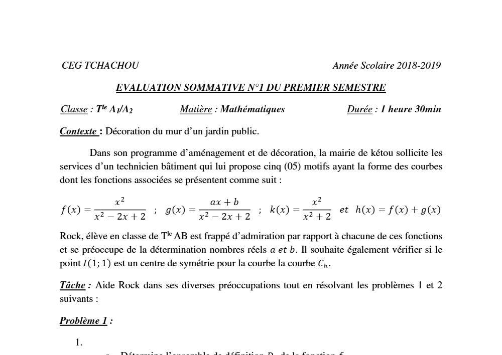 Aperçu de la première page — Tle A1 A2 Mathématiques 1er Devoir 1er Semestre CEG Tchatchou 2018 2019