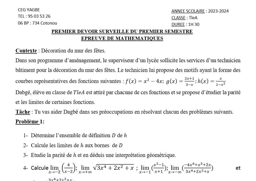 Aperçu de la première page — Tle A1 A2 Mathématiques 1er Devoir 1er Semestre CEG Yagbe 2023 2024