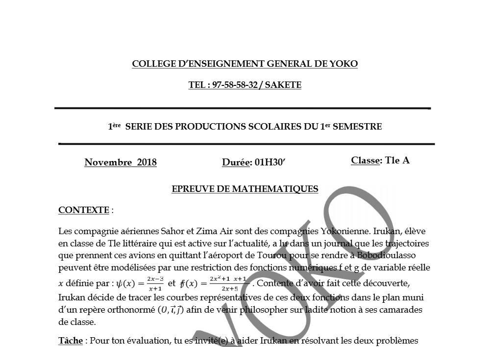 Aperçu de la première page — Tle A1 A2 Mathématiques 1er Devoir 1er Semestre CEG Yoko 2018 2019