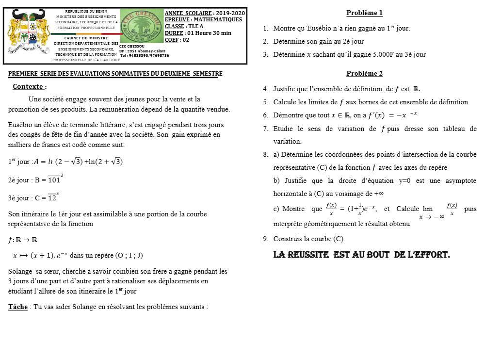 Aperçu de la première page — Tle A1 A2 Mathématiques 1er Devoir 2ème Semestre CEG Gbessou 2019 2020