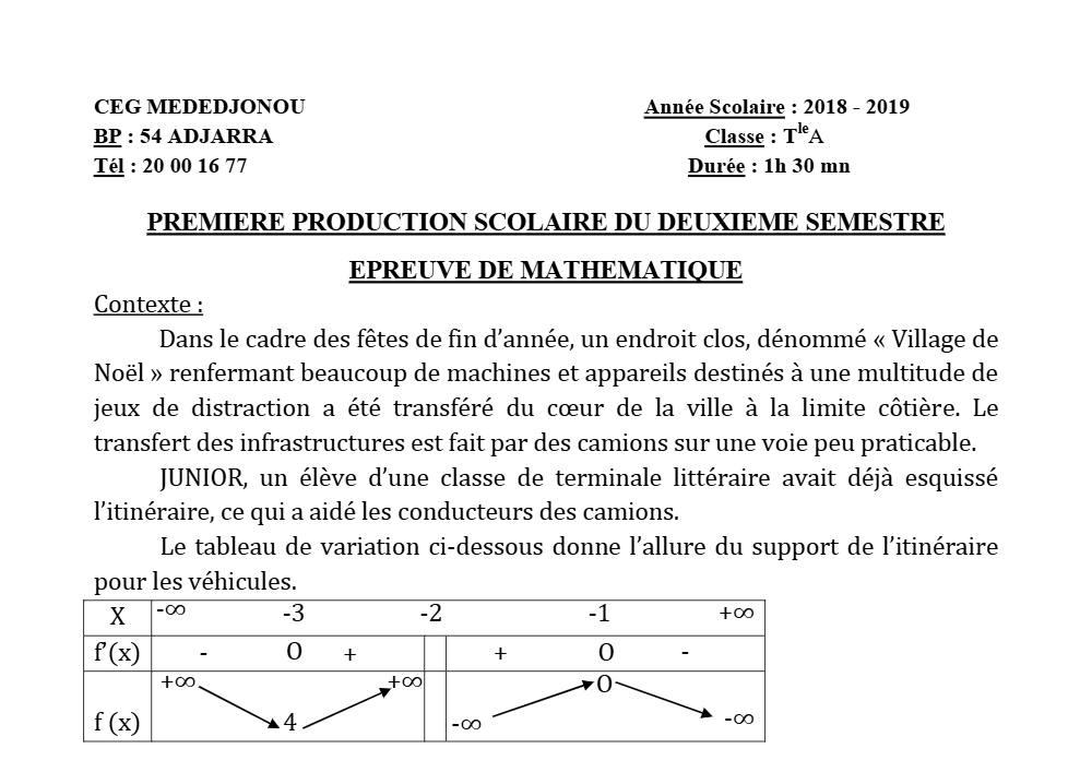 Aperçu de la première page — Tle A1 A2 Mathématiques 1er Devoir 2ème Semestre CEG Mededjonou 2018 2019