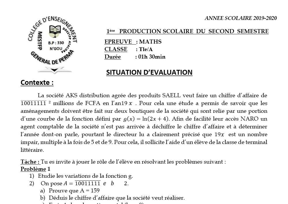 Aperçu de la première page — Tle A1 A2 Mathématiques 1er Devoir 2ème Semestre CEG Perma 2019 2020
