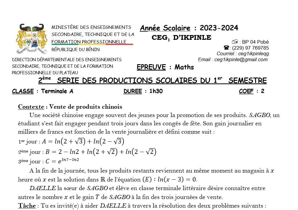 Aperçu de la première page — Tle A1 A2 Mathématiques 2ème Devoir 1er Semestre CEG1 Ikpinlè 2023 2024