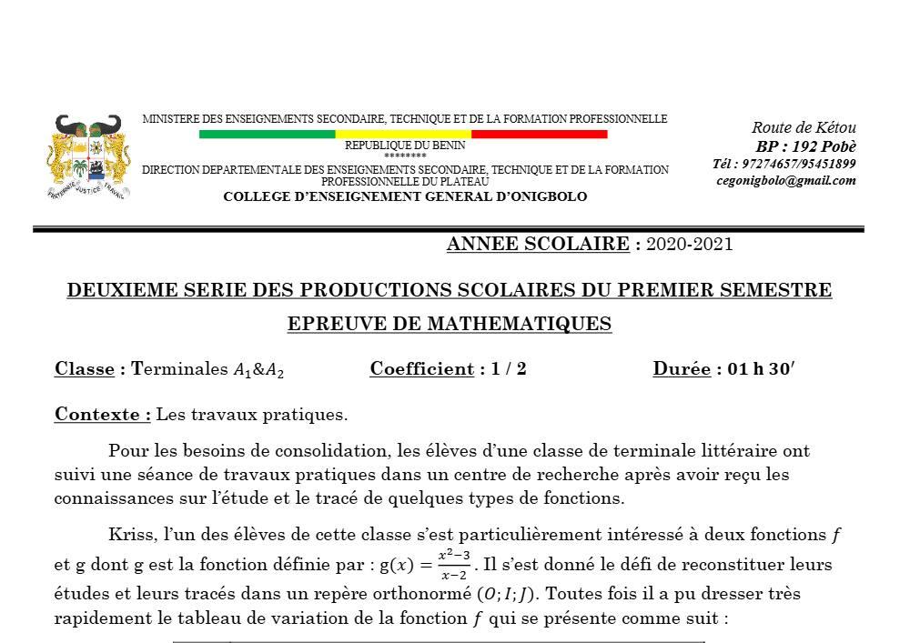 Aperçu de la première page — Tle A1 A2 Mathématiques 2ème Devoir 1er Semestre CEG Onigbolo 2020 2021