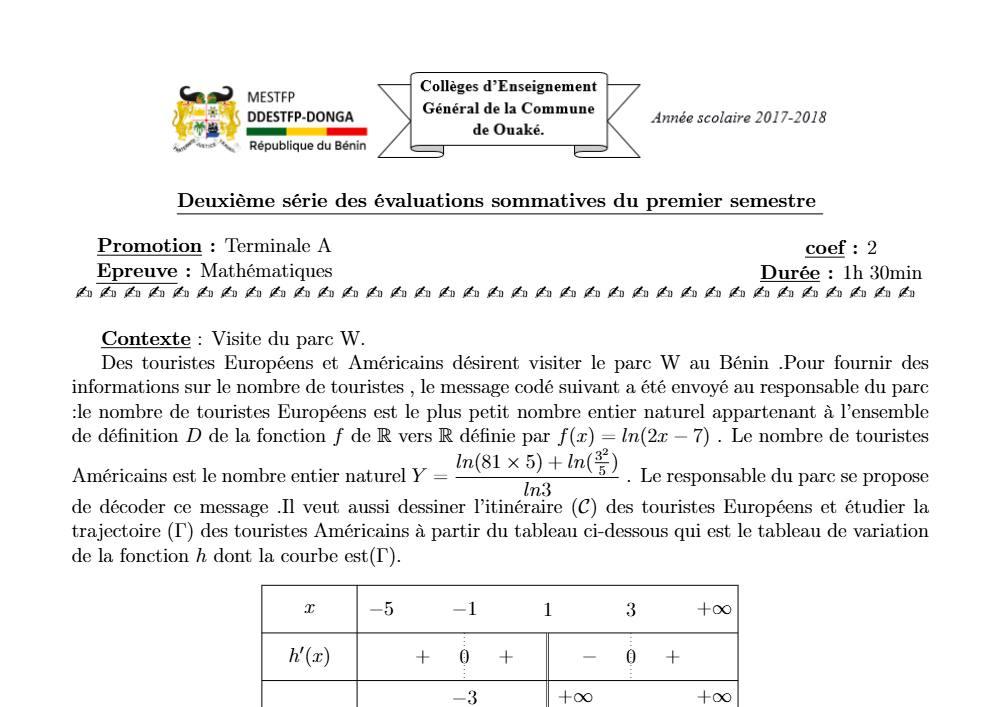 Aperçu de la première page — Tle A1 A2 Mathématiques 2ème Devoir 1er Semestre CEG Ouake 2017 2018