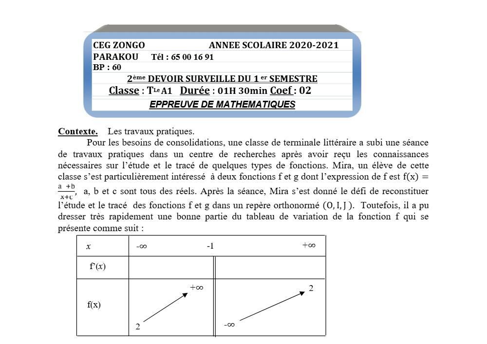 Aperçu de la première page — Tle A1 A2 Mathématiques 2ème Devoir 1er Semestre CEG Zongo 2020 2021