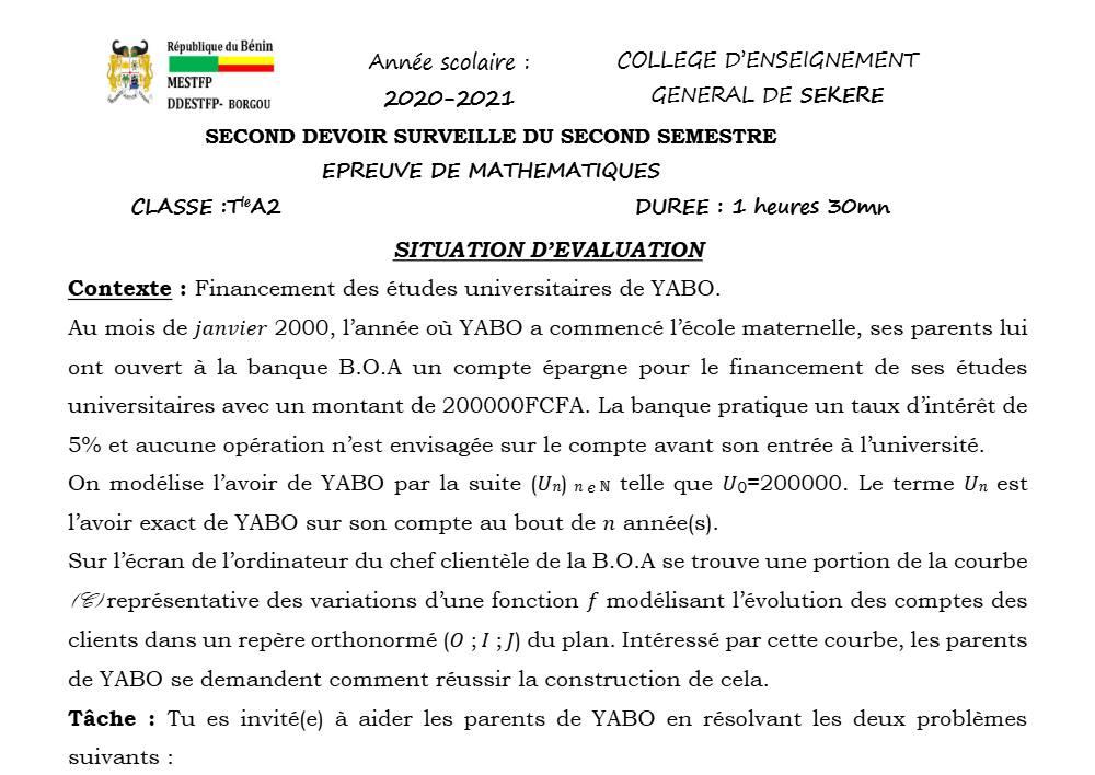 Aperçu de la première page — Tle A1 A2 Mathématiques 2ème Devoir 2ème Semestre CEG Sékéré 2020 2021