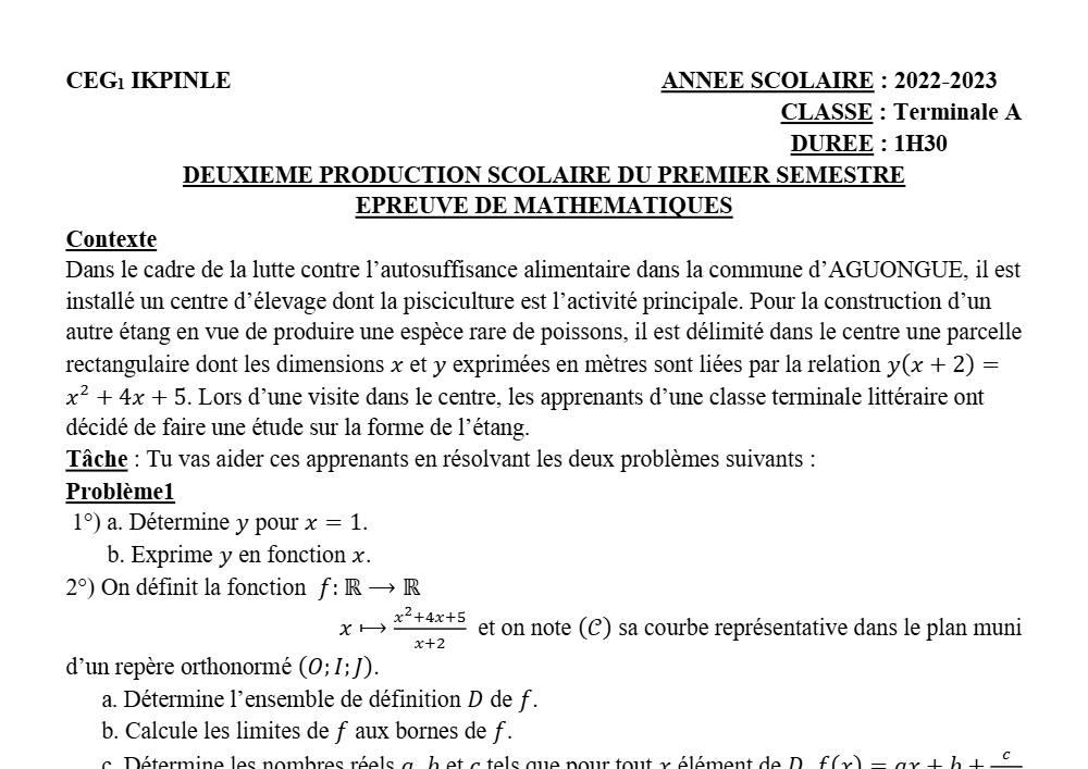 Aperçu de la première page — Tle A1 A2 Mathématiques Devoir Deuxieme Premier CEG 1 Ikpinlè 2022 2023