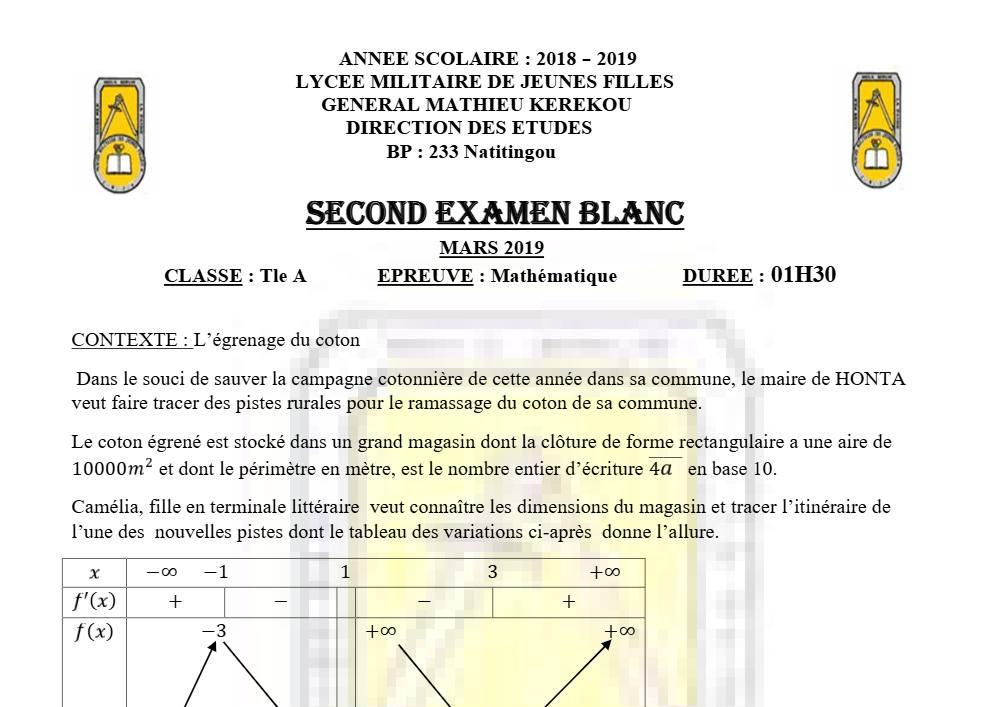 Aperçu de la première page — Tle A1 A2 Mathématiques Devoir Lmjf Natitingou 2018 2019