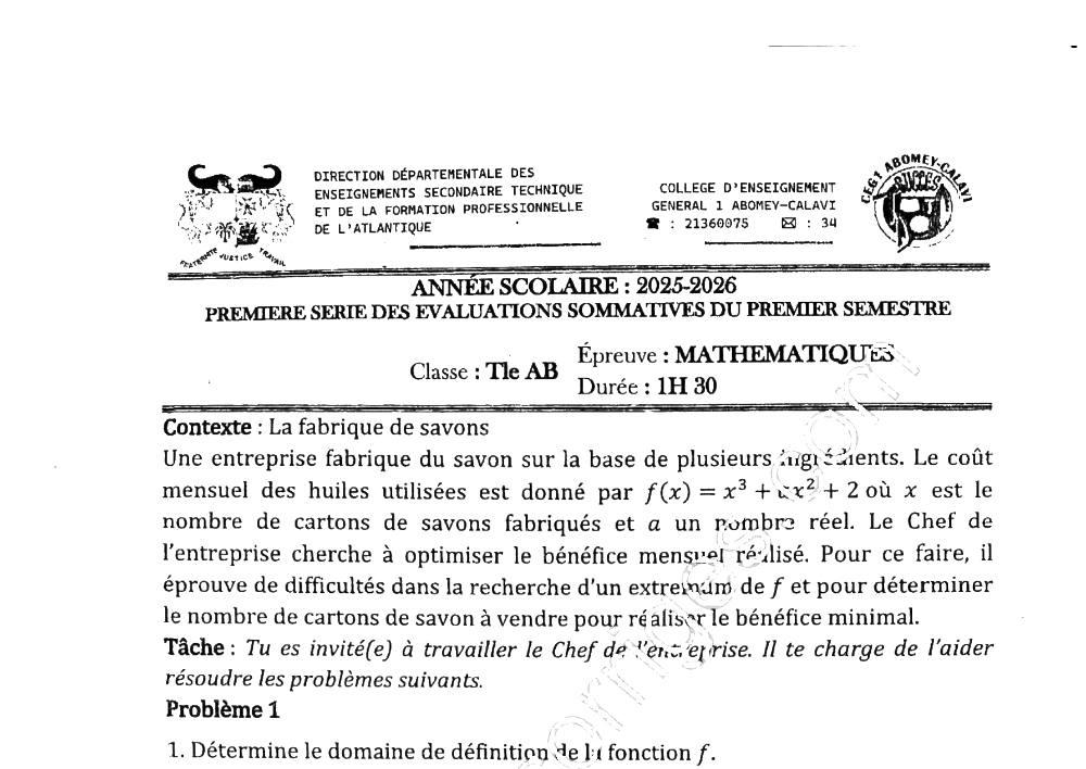 Aperçu de la première page — Tle A1 A2 B Mathématiques 1er Devoir 1er Semestre CEG 1 Abomey Calavi 2025 2026