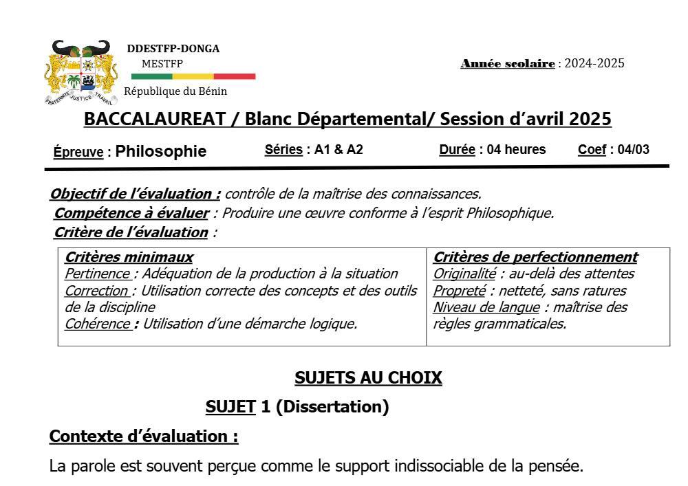 Aperçu de la première page — DONGA BAC BLANC 2025 PHILO SERIES A1 A2