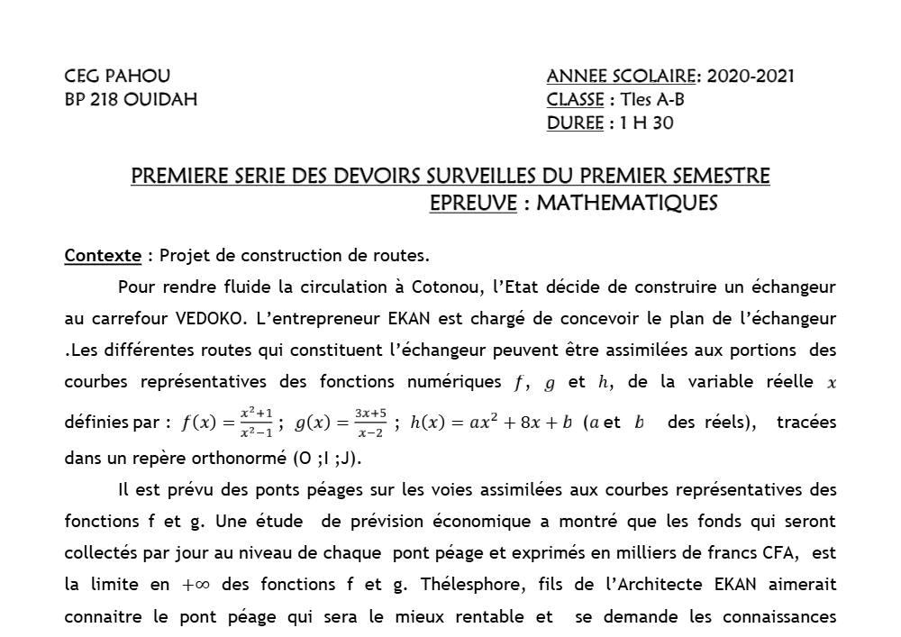 Aperçu de la première page — Tle A1 A2 B Mathématiques 1er Devoir 1er Semestre CEG1 Pahou 2020 2021