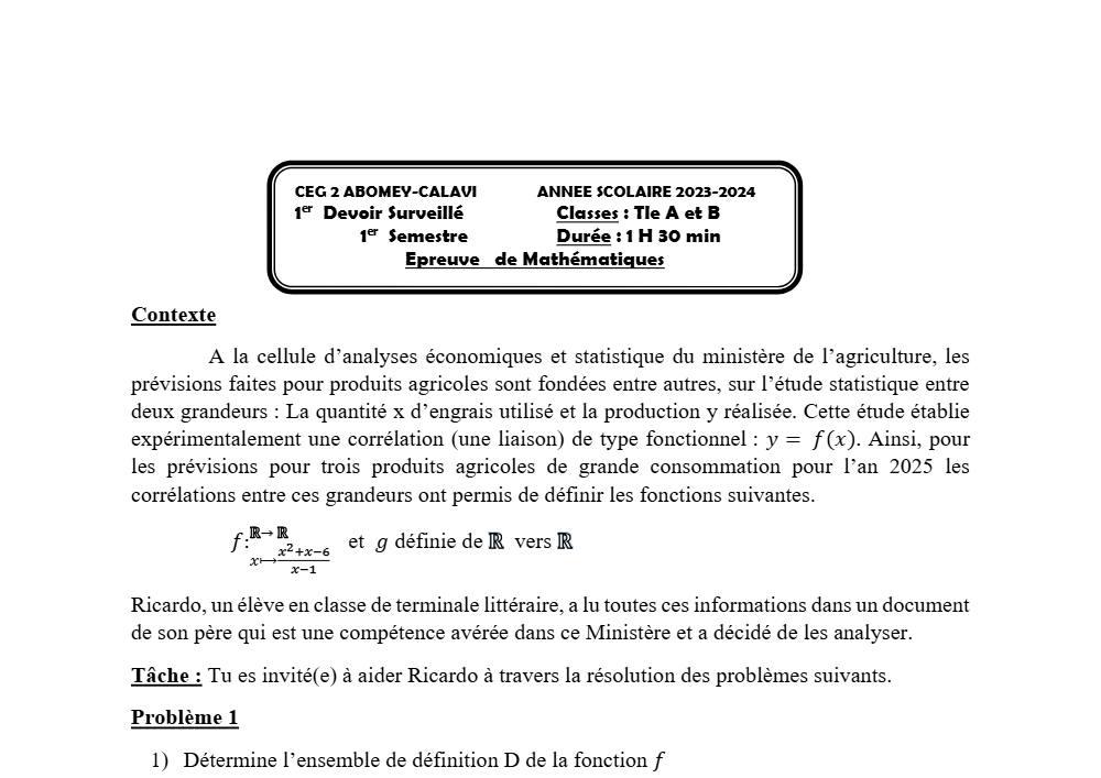 Aperçu de la première page — Tle A1 A2 B Mathématiques 1er Devoir 1er Semestre CEG2 Abomey Calavi 2023 2024