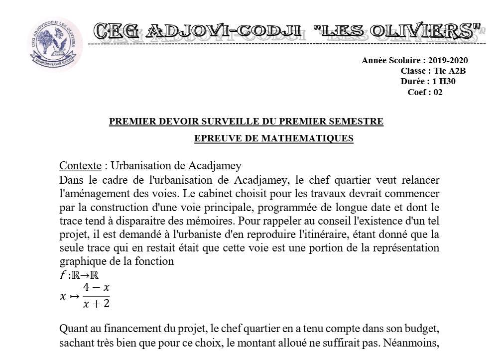Aperçu de la première page — Tle A1 A2 B Mathématiques 1er Devoir 1er Semestre CEG Adjovi Codji 2019 2020