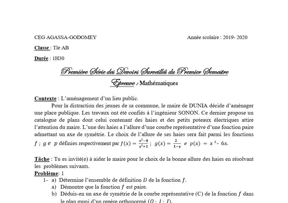 Aperçu de la première page — Tle A1 A2 B Mathématiques 1er Devoir 1er Semestre CEG Agassa Godomey 2019 2020