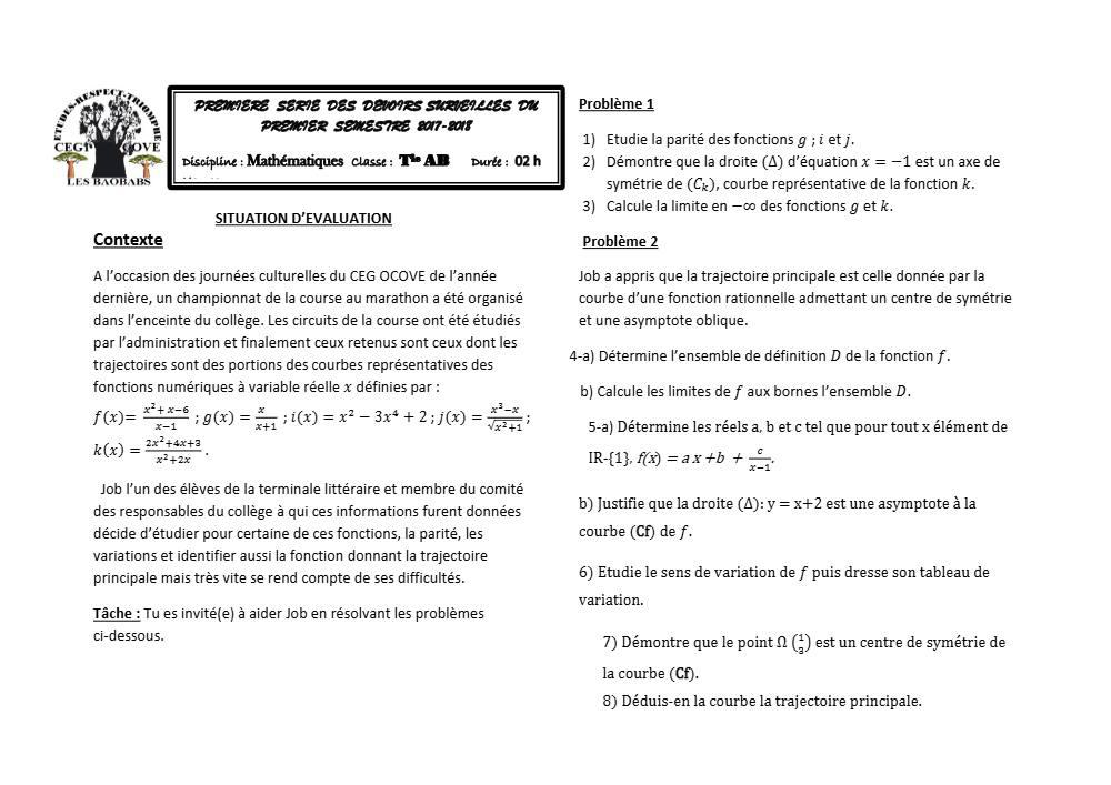 Aperçu de la première page — Tle A1 A2 B Mathématiques 1er Devoir 1er Semestre CEG Cove 2017 2018