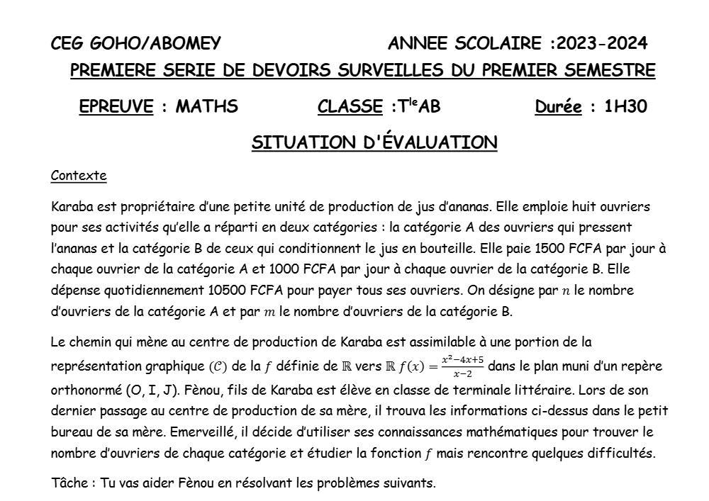 Aperçu de la première page — Tle A1 A2 B Mathématiques 1er Devoir 1er Semestre CEG Goho Abomey 2023 2024