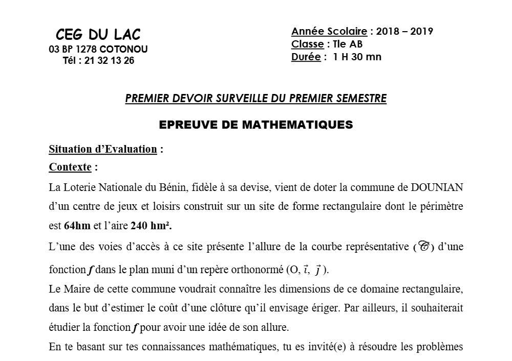 Aperçu de la première page — Tle A1 A2 B Mathématiques 1er Devoir 1er Semestre CEG Lac 2018 2019
