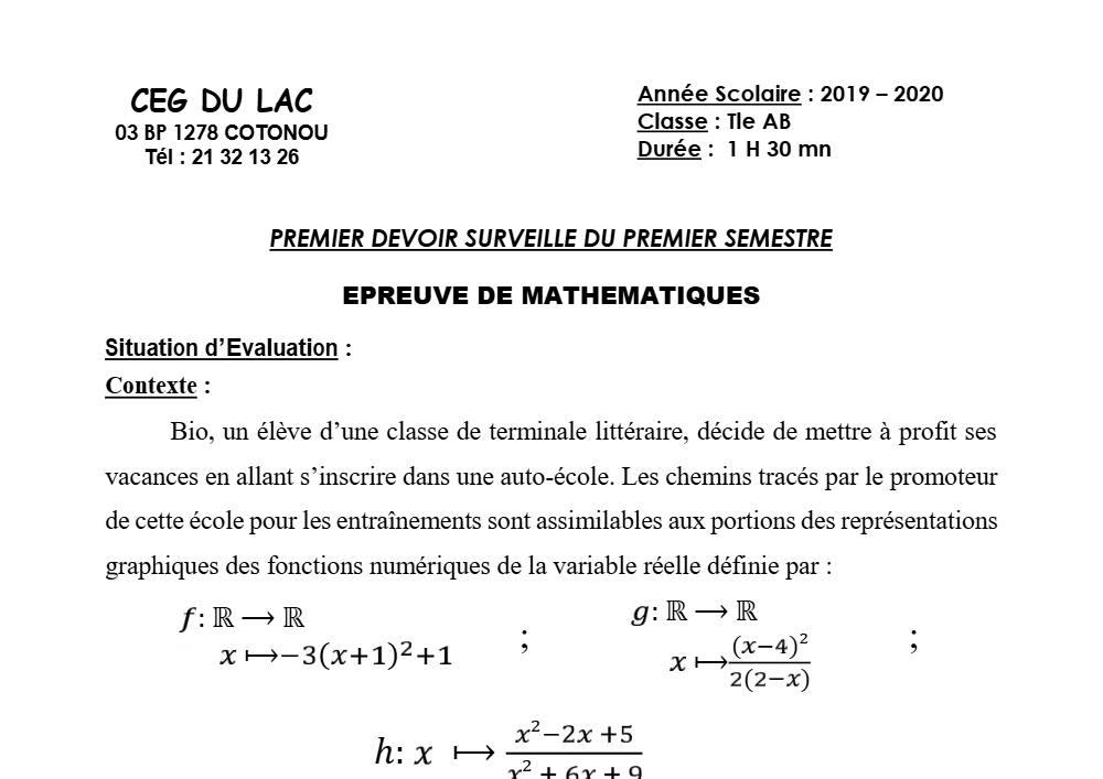 Aperçu de la première page — Tle A1 A2 B Mathématiques 1er Devoir 1er Semestre CEG Lac 2019 2020