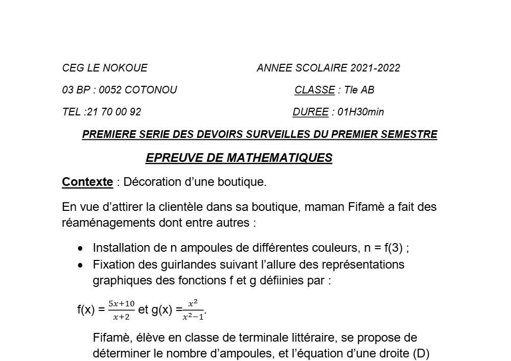 Aperçu de la première page — Tle A1 A2 B Mathématiques 1er Devoir 1er Semestre CEG Le Nokoué 2021 2022
