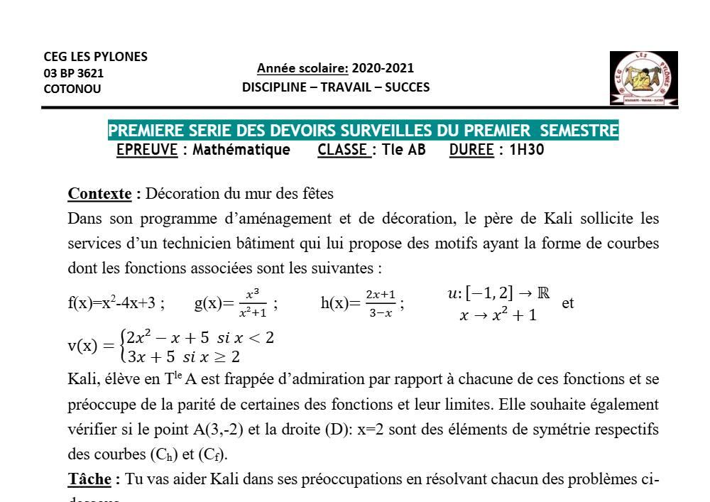 Aperçu de la première page — Tle A1 A2 B Mathématiques 1er Devoir 1er Semestre CEG Les Pylônes 2020 2021