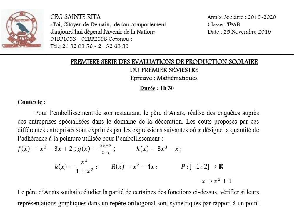 Aperçu de la première page — Tle A1 A2 B Mathématiques 1er Devoir 1er Semestre CEG Sainte Rita 2019 2020