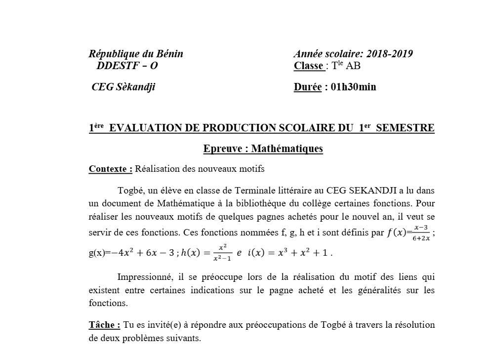 Aperçu de la première page — Tle A1 A2 B Mathématiques 1er Devoir 1er Semestre CEG Sèkandji 2018 2019