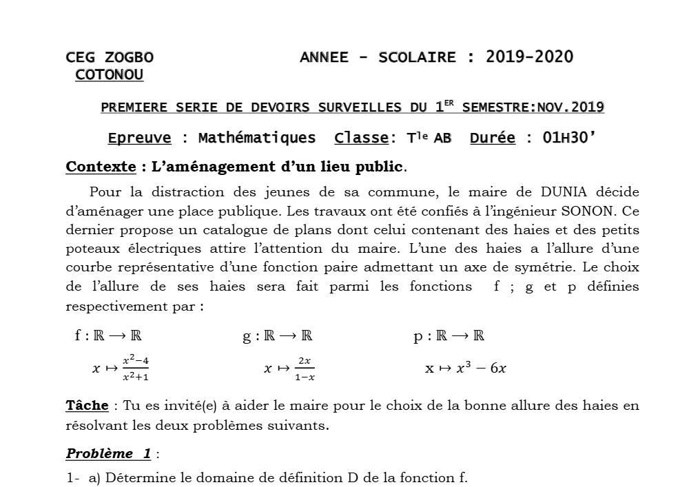 Aperçu de la première page — Tle A1 A2 B Mathématiques 1er Devoir 1er Semestre CEG Zogbo 2019 2020