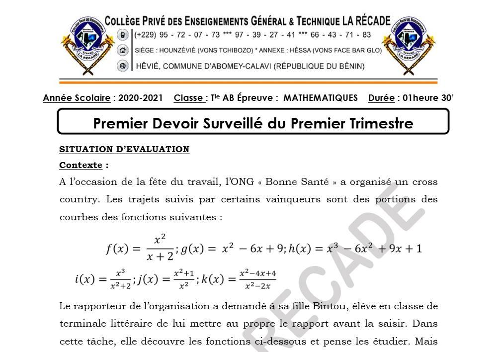 Aperçu de la première page — Tle A1 A2 B Mathématiques 1er Devoir 1er Trimestre CPEG Recade 2020 2021