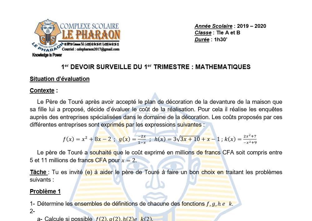 Aperçu de la première page — Tle A1 A2 B Mathématiques 1er Devoir 1er Trimestre CS Pharaon 2019 2020