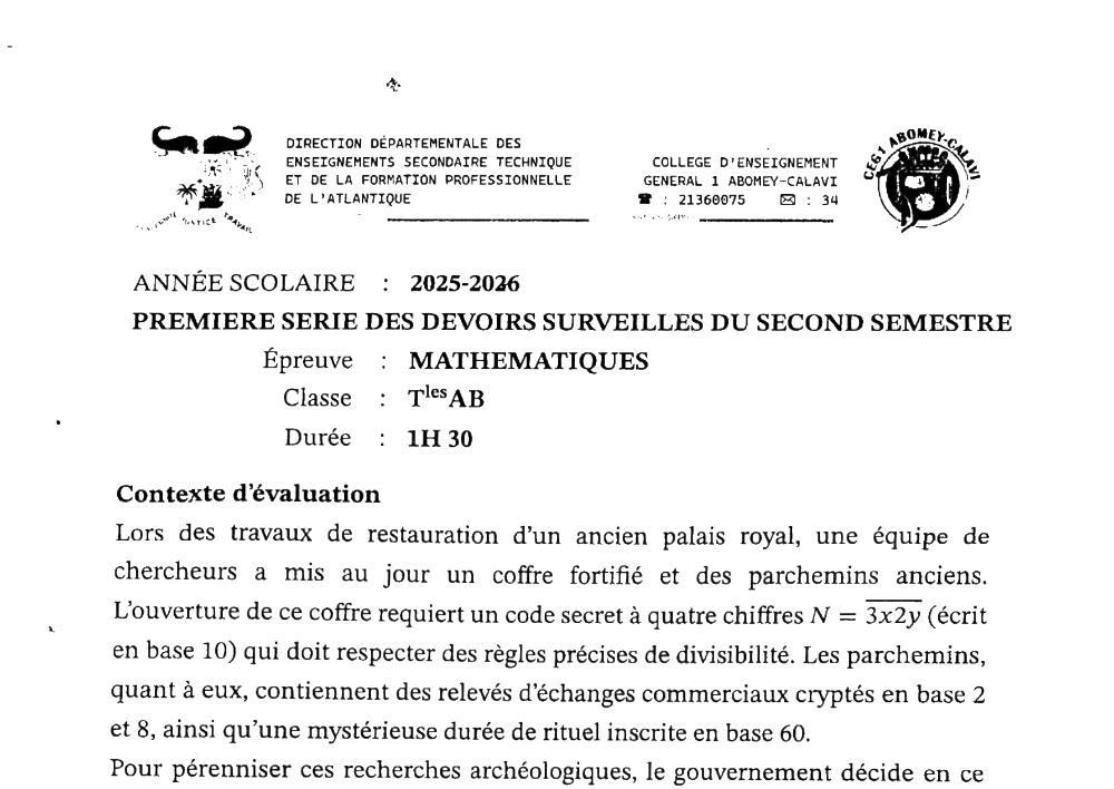 Aperçu de la première page — Tle A1 A2 B Mathématiques 1er Devoir 2ème Semestre CEG 1 Abomey Calavi 2025 2026