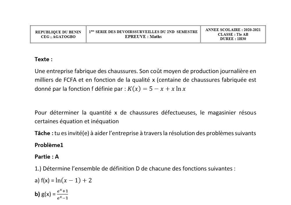 Aperçu de la première page — Tle A1 A2 B Mathématiques 1er Devoir 2ème Semestre CEG1 Agatogbo 2020 2021