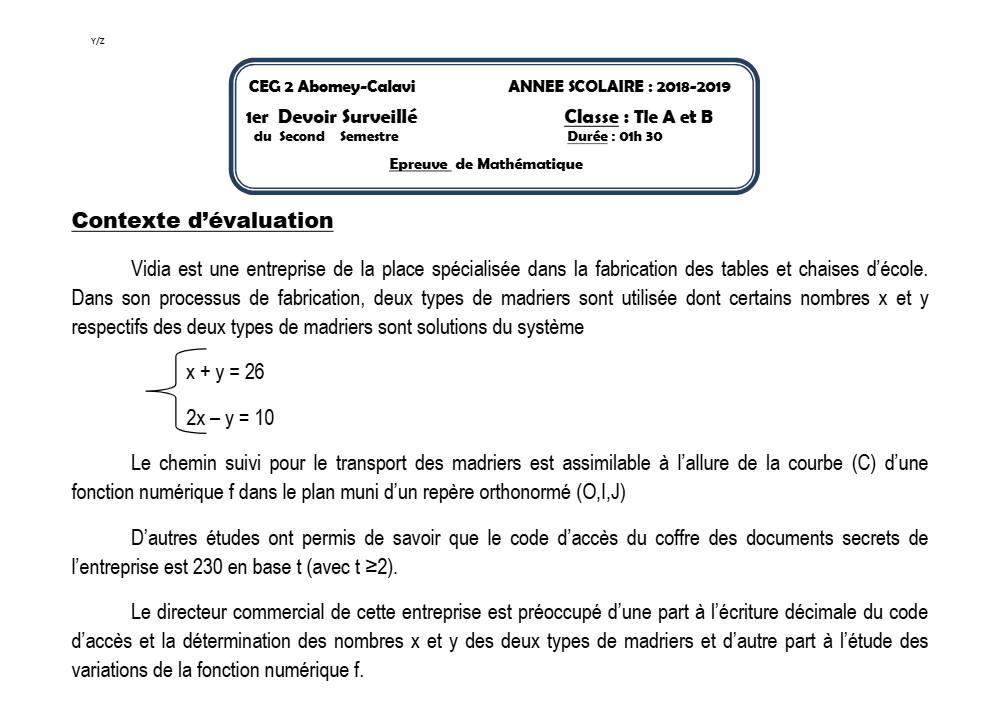 Aperçu de la première page — Tle A1 A2 B Mathématiques 1er Devoir 2ème Semestre CEG2 Abomey Calavi 2018 2019