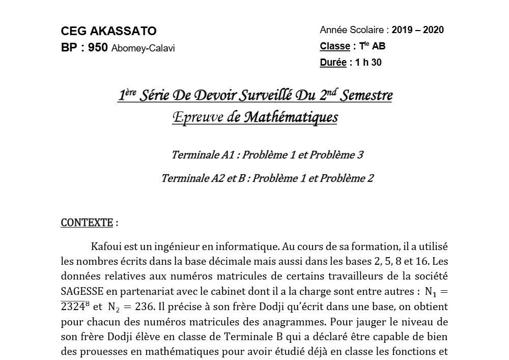 Aperçu de la première page — Tle A1 A2 B Mathématiques 1er Devoir 2ème Semestre CEG Akassato 2019 2020