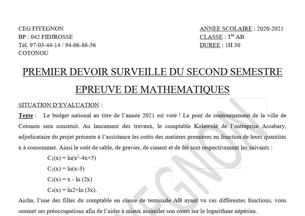 Aperçu de la première page — Tle A1 A2 B Mathématiques 1er Devoir 2ème Semestre CEG Fiyegnon 2020 2021