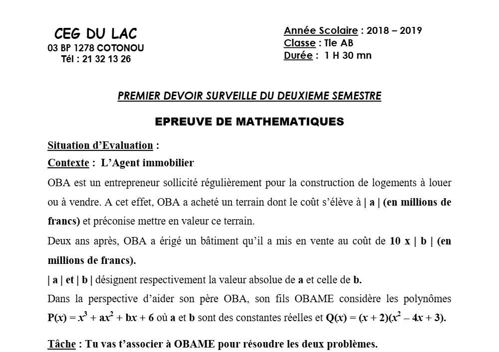 Aperçu de la première page — Tle A1 A2 B Mathématiques 1er Devoir 2ème Semestre CEG Lac 2018 2019