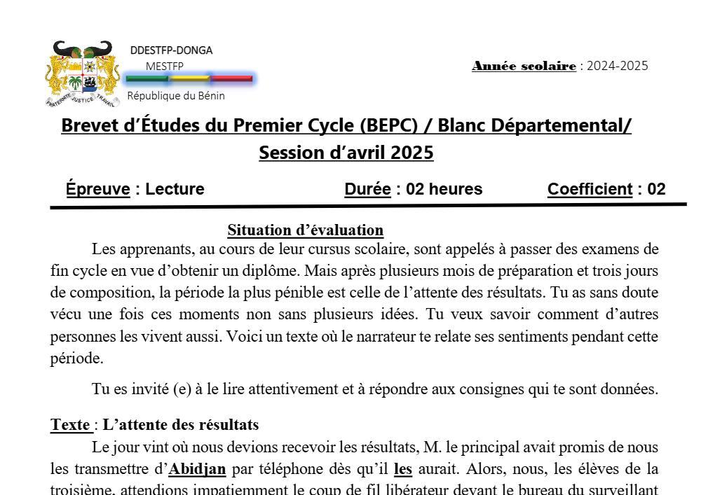Aperçu de la première page — DONGA BEPC BLANC 2025 Lecture