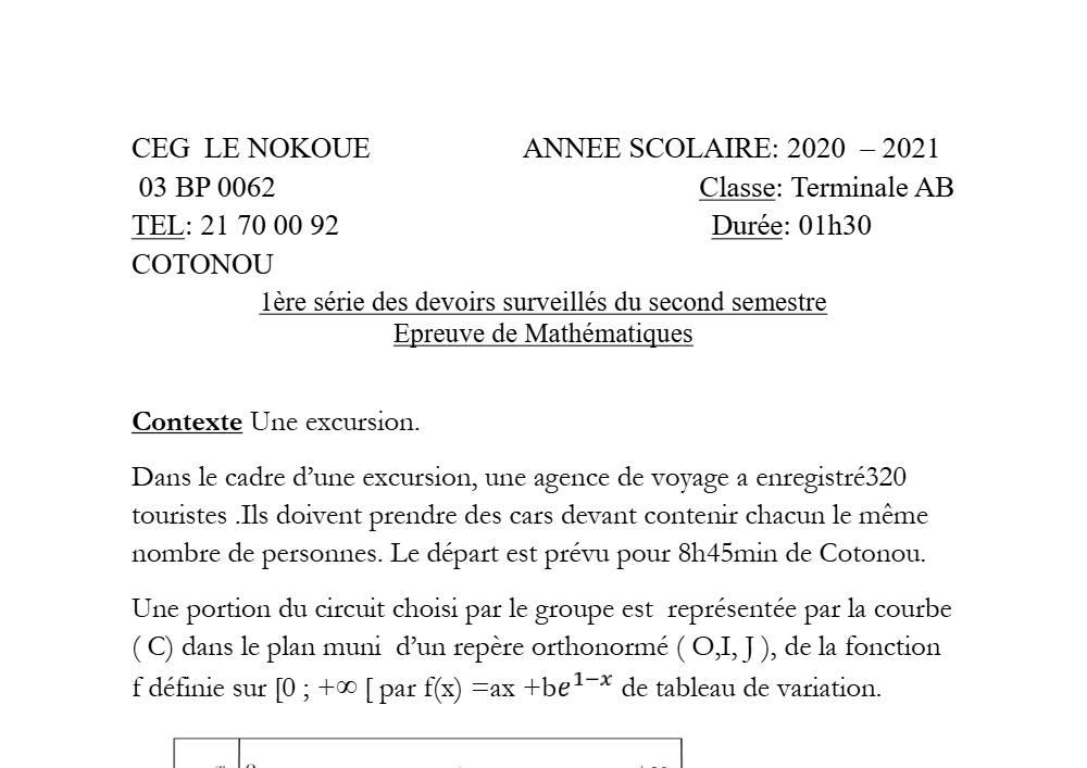 Aperçu de la première page — Tle A1 A2 B Mathématiques 1er Devoir 2ème Semestre CEG Le Nokoué 2021 2022