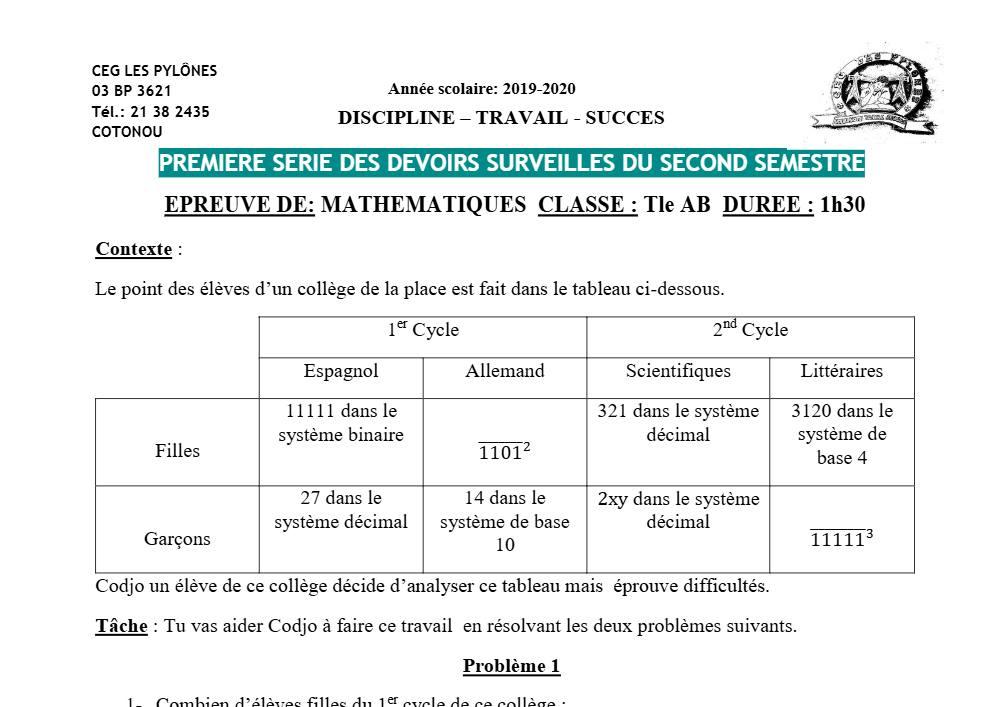 Aperçu de la première page — Tle A1 A2 B Mathématiques 1er Devoir 2ème Semestre CEG Les Pylônes 2019 2020