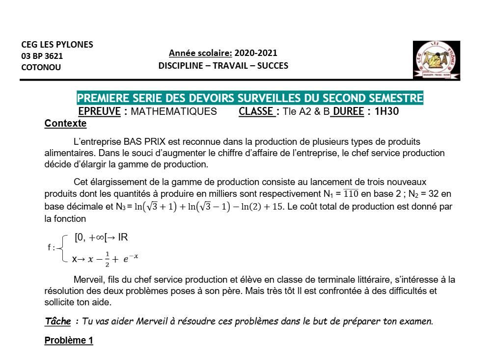 Aperçu de la première page — Tle A1 A2 B Mathématiques 1er Devoir 2ème Semestre CEG Les Pylônes 2020 2021