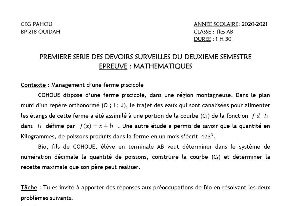 Aperçu de la première page — Tle A1 A2 B Mathématiques 1er Devoir 2ème Semestre CEG Pahou 2020 2021