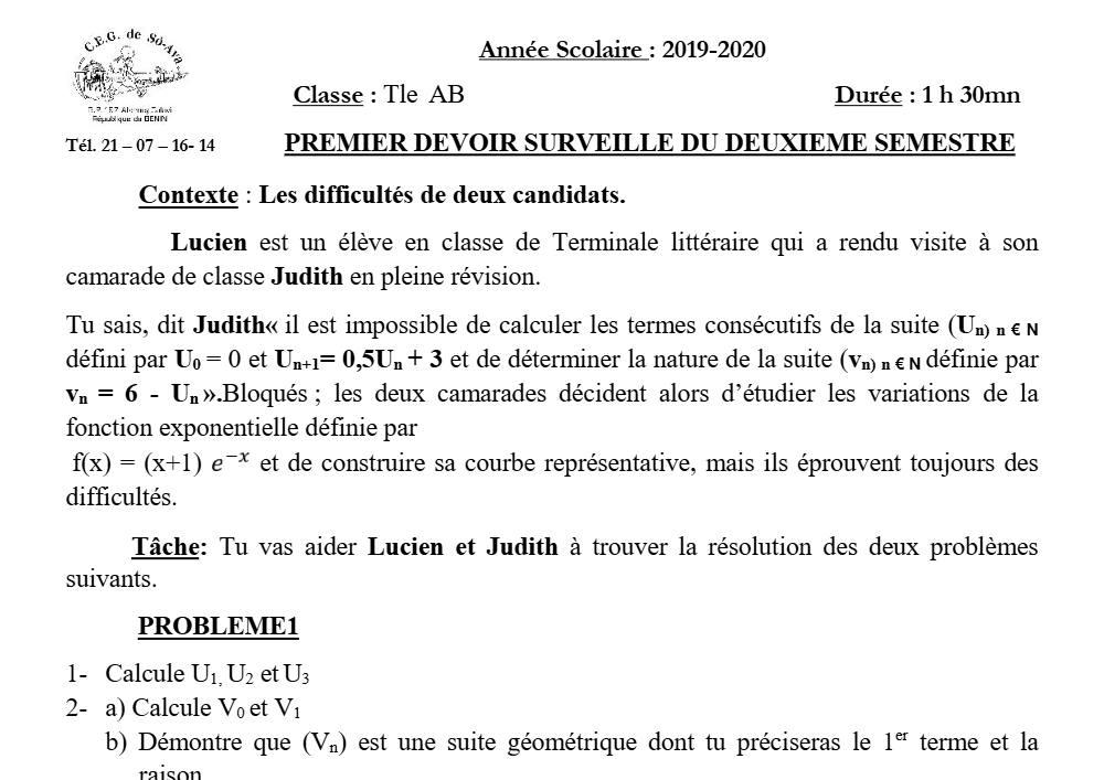Aperçu de la première page — Tle A1 A2 B Mathématiques 1er Devoir 2ème Semestre CEG So Ava 2019 2020