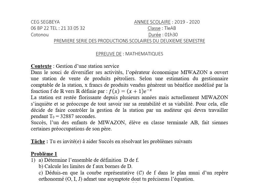Aperçu de la première page — Tle A1 A2 B Mathématiques 1er Devoir 2ème Semestre CEG Ségbéya 2019 2020