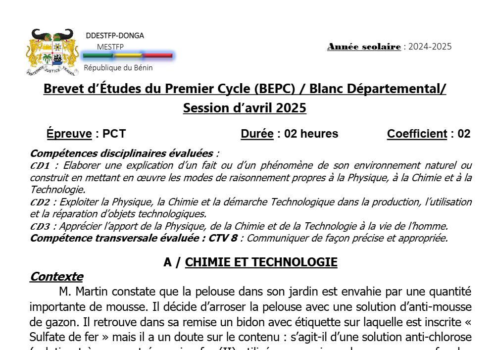 Aperçu de la première page — DONGA BEPC BLANC PCT Epreuve