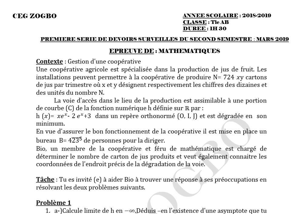 Aperçu de la première page — Tle A1 A2 B Mathématiques 1er Devoir 2ème Semestre CEG Zogbo 2018 2019