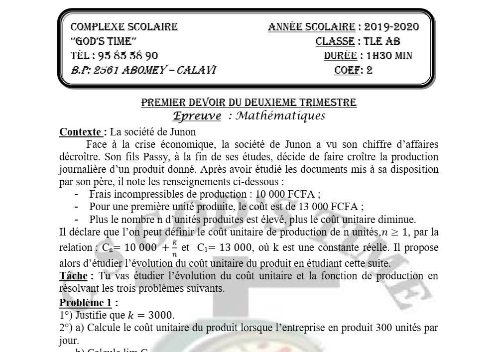 Aperçu de la première page — Tle A1 A2 B Mathématiques 1er Devoir 2ème Trimestre CS God'S Time 2019 2020