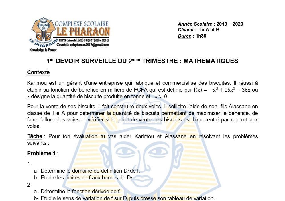 Aperçu de la première page — Tle A1 A2 B Mathématiques 1er Devoir 2ème Trimestre CS Le Pharaon 2019 2020