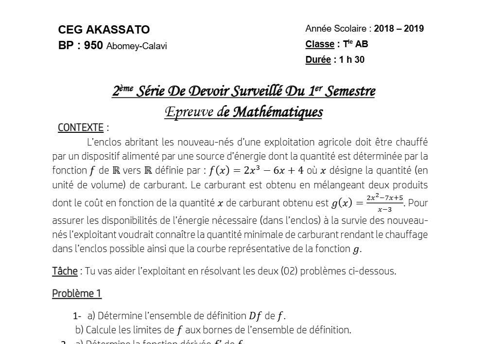 Aperçu de la première page — Tle A1 A2 B Mathématiques 2ème Devoir 1er Semestre CEG Akassato 2018 2019