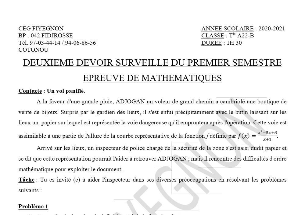 Aperçu de la première page — Tle A1 A2 B Mathématiques 2ème Devoir 1er Semestre CEG Fiyegnon 2020 2021