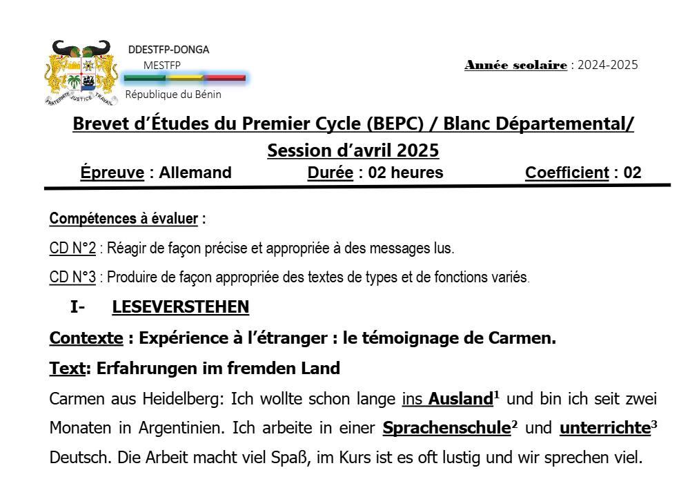 Aperçu de la première page — DONGA BEPC BLANC 2025 ALLEMAND